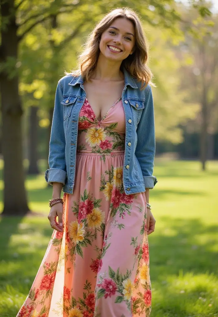 14 Casual Outfit Ideas for Women Over 50 That Combine Style and Comfort! - 4. Vibrant Maxi Dress with a Denim Jacket