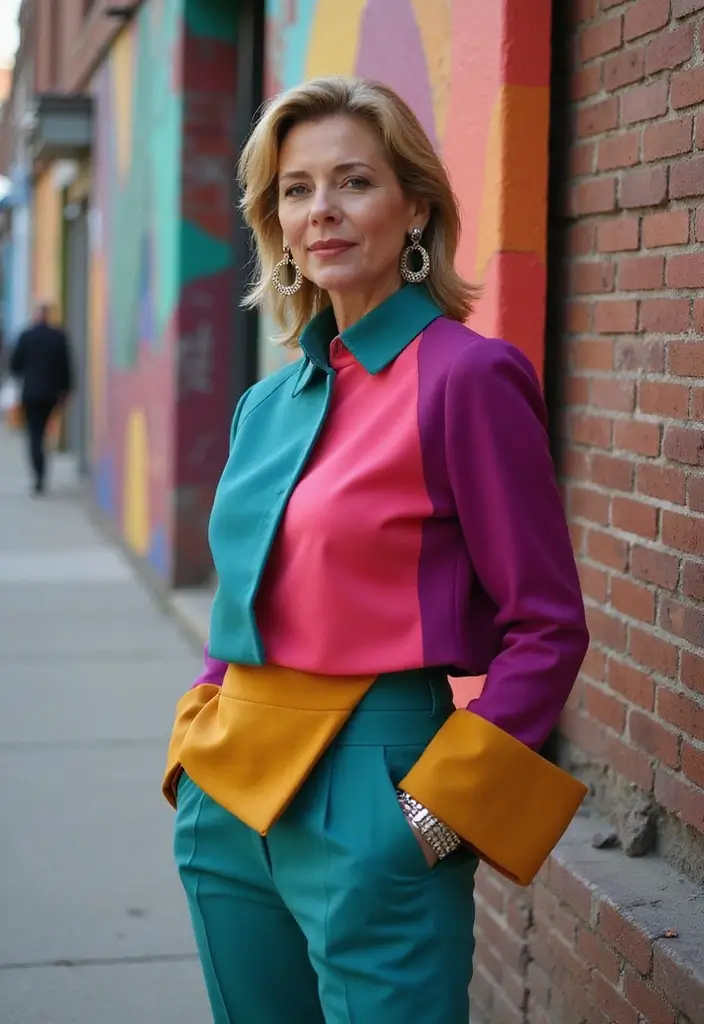 17 Fashionable Outfit Inspirations for Women Over 40 Who Love to Go Out! - 15. Striking Combinations with Color Blocking