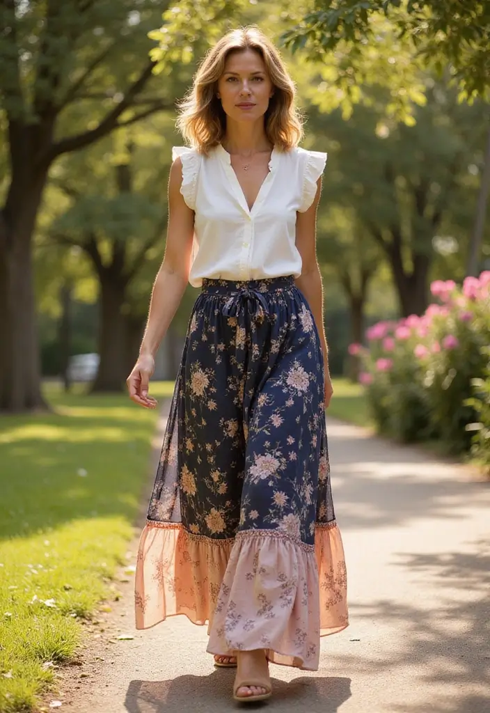 17 Fashionable Outfit Inspirations for Women Over 40 Who Love to Go Out! - 8. Layered Elegance with Maxi Skirts