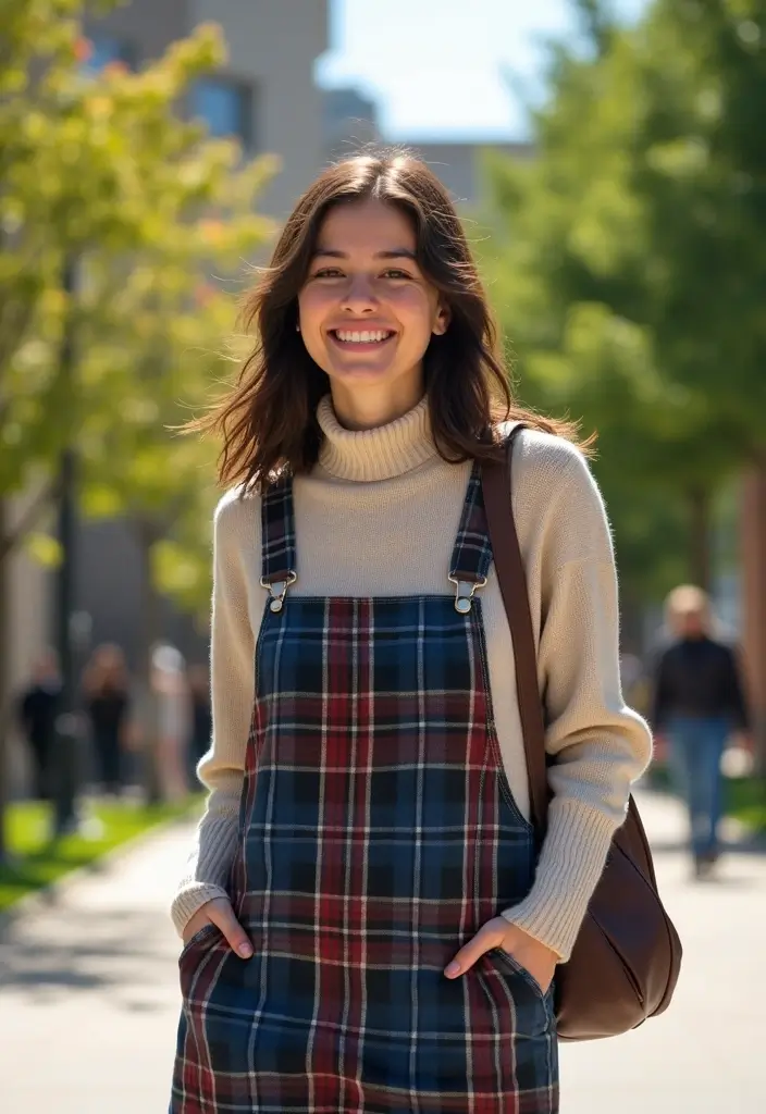 24 Easy Outfit Ideas for College Students: Jeans to Dresses for Every Campus Moment - 10. Pinafore Dress Over a Turtleneck