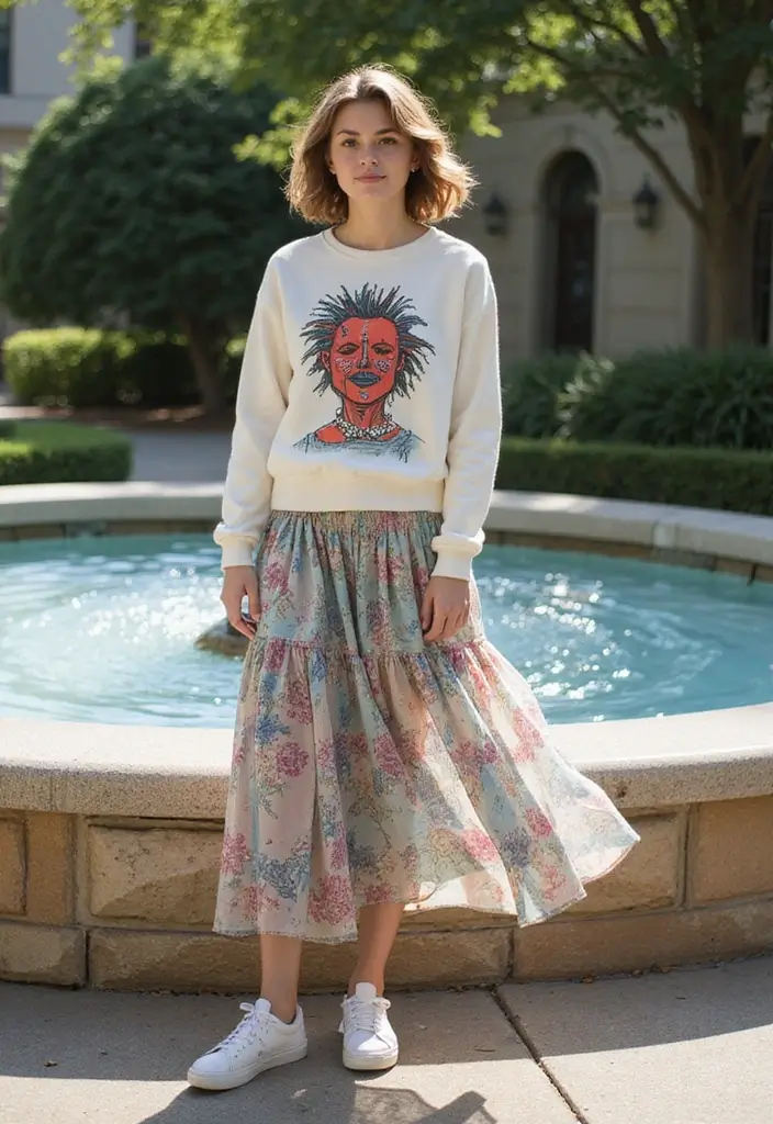 24 Easy Outfit Ideas for College Students: Jeans to Dresses for Every Campus Moment - 13. Layered Skirts with Graphic Sweatshirts