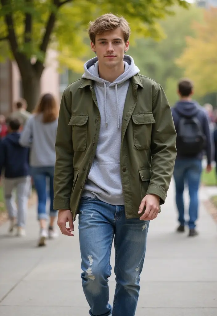 24 Easy Outfit Ideas for College Students: Jeans to Dresses for Every Campus Moment - 17. Utility Jacket over Hoodie and Jeans