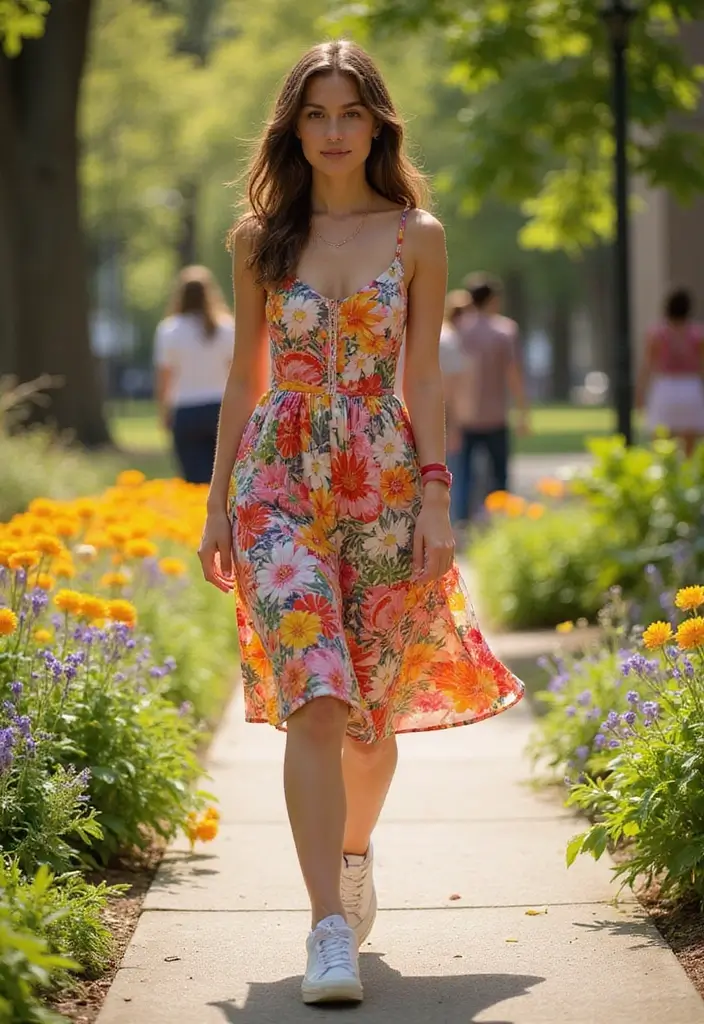 24 Easy Outfit Ideas for College Students: Jeans to Dresses for Every Campus Moment - 7. Floral Dress and Chunky Sneakers