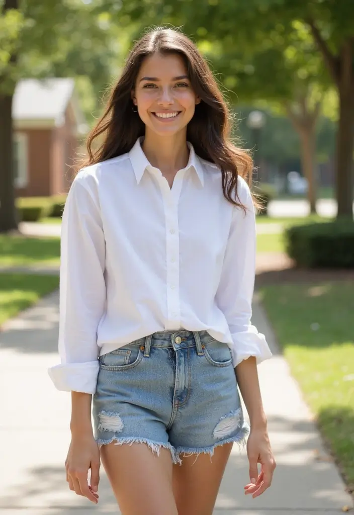 24 Easy Outfit Ideas for College Students: Jeans to Dresses for Every Campus Moment - 8. High-Waisted Shorts and Button-Up Shirt