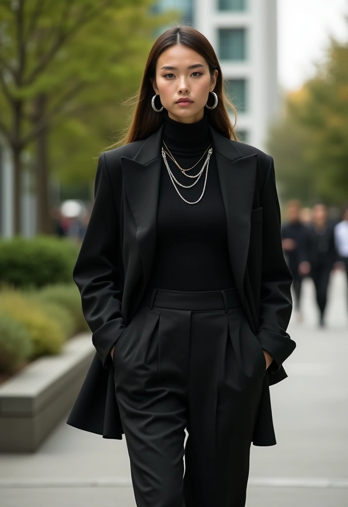 24 Easy Outfit Ideas for College Students: Jeans to Dresses for Every Campus Moment - 9. All-Black Ensemble with Layered Accessories