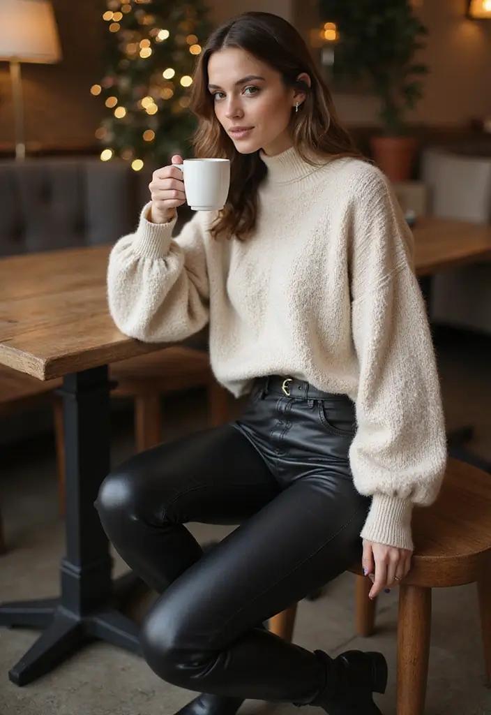 25 Glam Winter Fashion Ideas for Your Next Date Night! - 2. Knit Sweater with Leather Pants