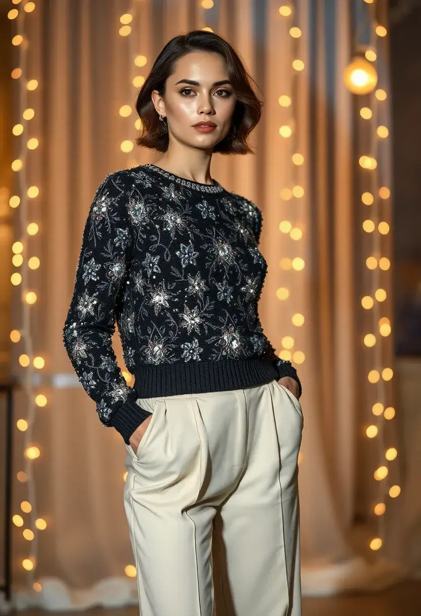 25 Glam Winter Fashion Ideas for Your Next Date Night! - 23. Embellished Sweater with Wide-Leg Trousers