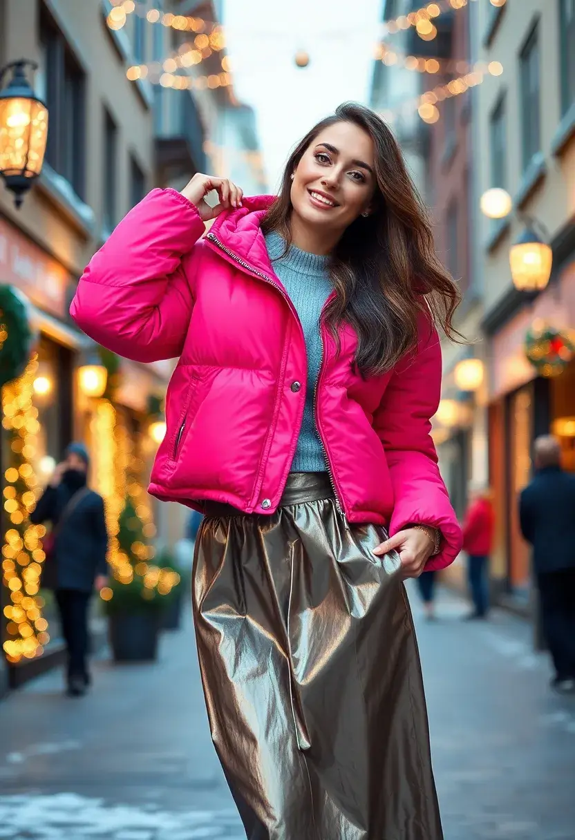 25 Glam Winter Fashion Ideas for Your Next Date Night! - 8. Puffer Jacket with a Metallic Skirt