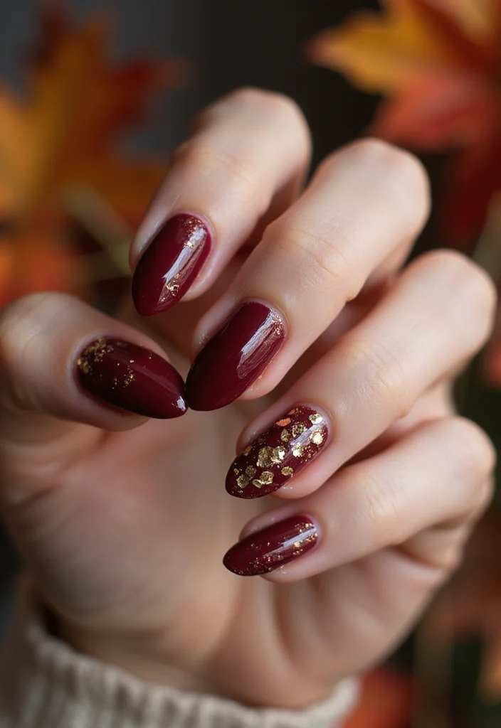 18 Trendy Almond Brown and Red Nails for Fall That Will Elevate Your Style! - 1. Deep Burgundy with Gold Foil Accents