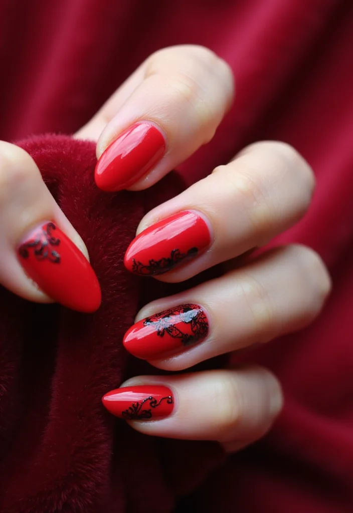 18 Trendy Almond Brown and Red Nails for Fall That Will Elevate Your Style! - 10. Poppy Red with Black Lace Design