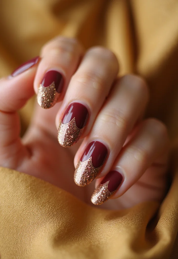18 Trendy Almond Brown and Red Nails for Fall That Will Elevate Your Style! - 11. Mahogany with Gold Glitter Tips