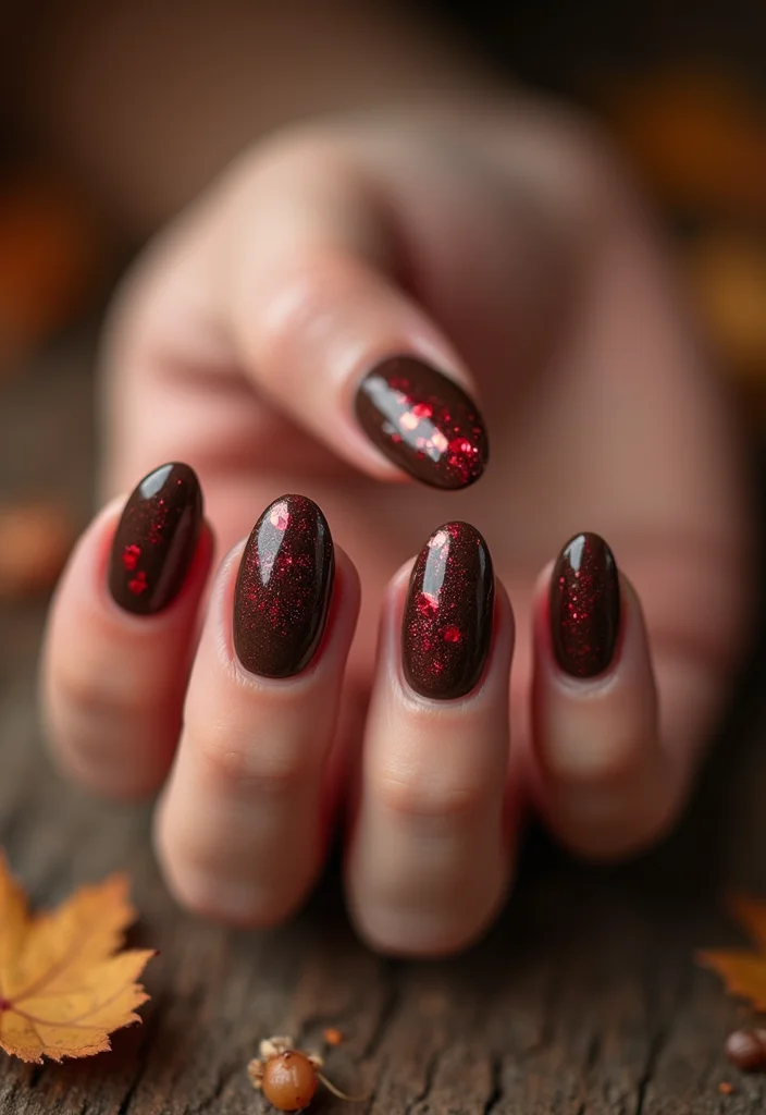 18 Trendy Almond Brown and Red Nails for Fall That Will Elevate Your Style! - 12. Almond Chocolate Brown with Ruby Accents