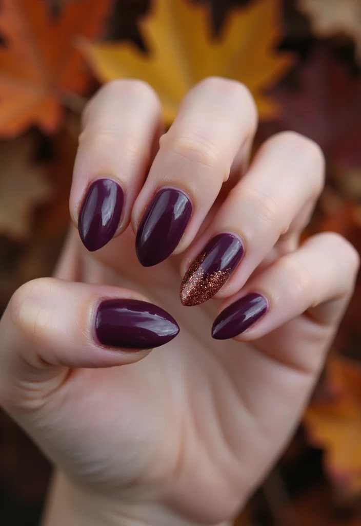 18 Trendy Almond Brown and Red Nails for Fall That Will Elevate Your Style! - 13. Dark Plum with Copper Highlights
