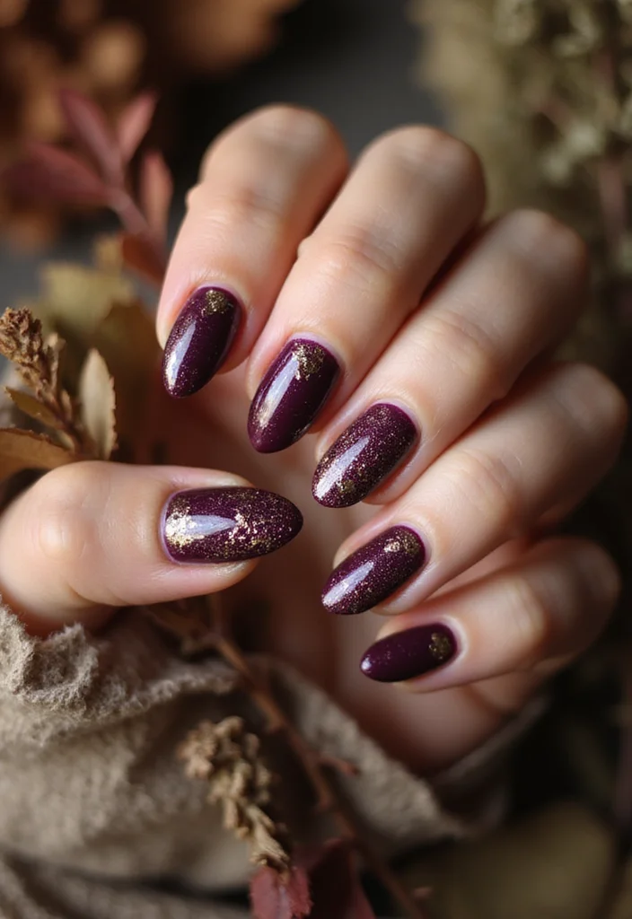 18 Trendy Almond Brown and Red Nails for Fall That Will Elevate Your Style! - 15. Rustic Plum with Gold Leaf Accents