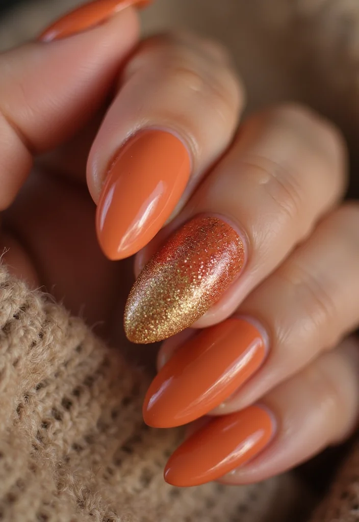 18 Trendy Almond Brown and Red Nails for Fall That Will Elevate Your Style! - 17. Warm Terracotta with Gold Glitter Gradient