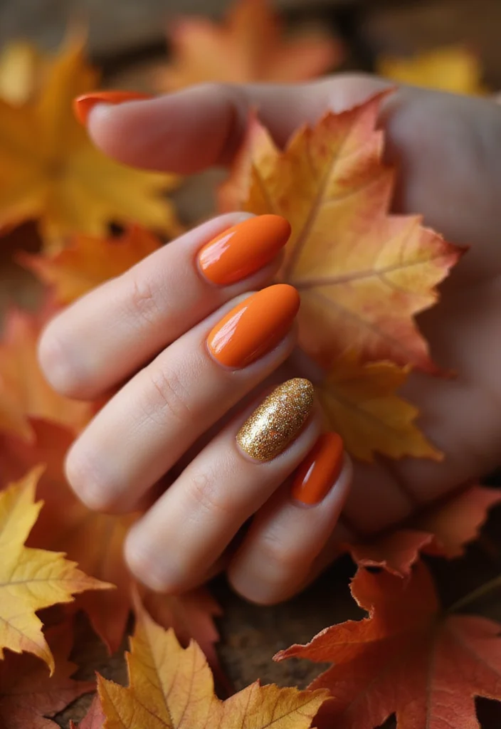 18 Trendy Almond Brown and Red Nails for Fall That Will Elevate Your Style! - 5. Burnt Orange with Golden Glitter