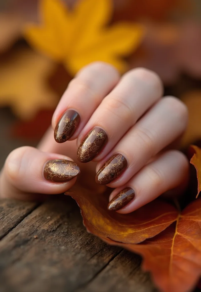 18 Trendy Almond Brown and Red Nails for Fall That Will Elevate Your Style! - 6. Earthy Brown with Leaf Patterns