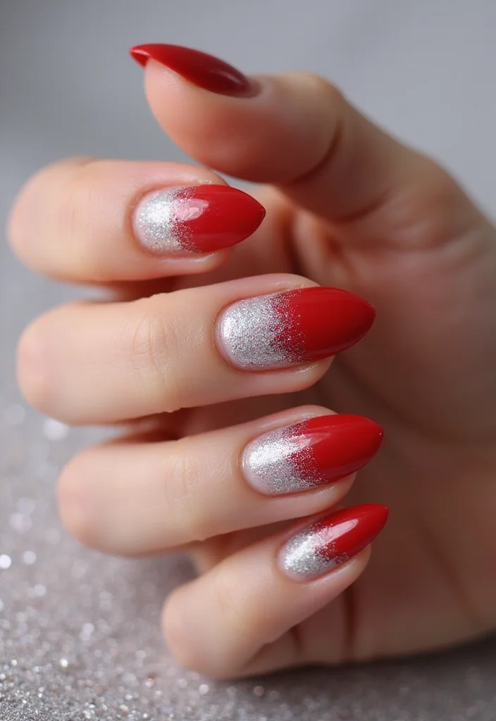 18 Trendy Almond Brown and Red Nails for Fall That Will Elevate Your Style! - 7. Classic Red with Silver Glitter Fade