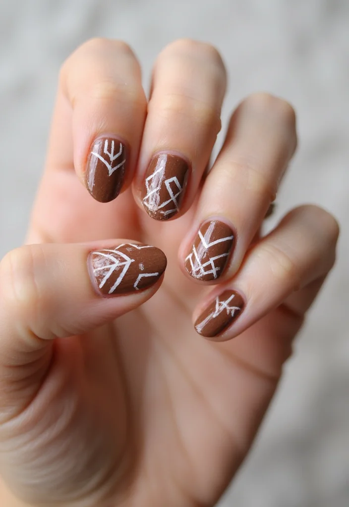 18 Trendy Almond Brown and Red Nails for Fall That Will Elevate Your Style! - 9. Rustic Brown with White Geometric Designs