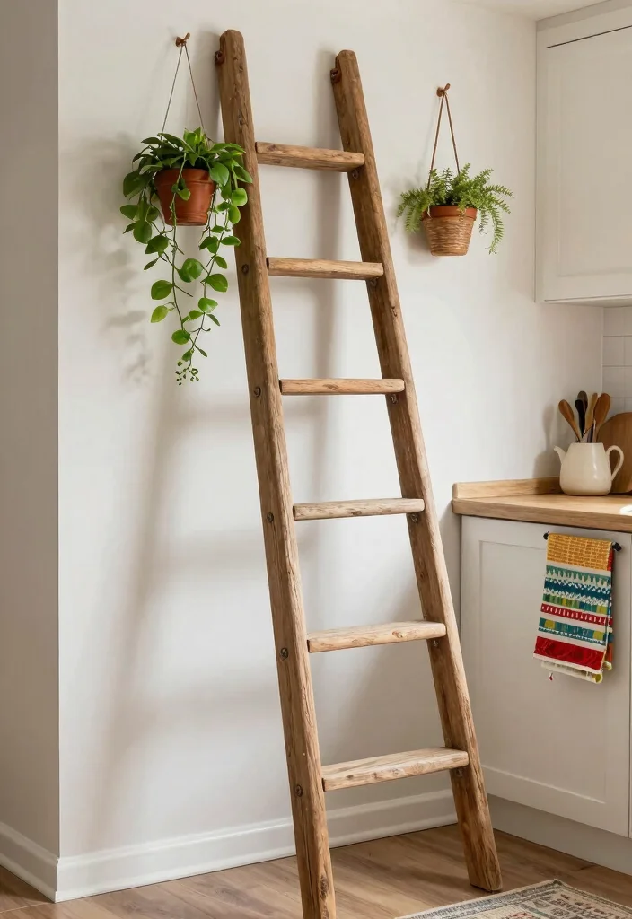 20 Modern Kitchen Wall Decor Tips for a Cozy Farmhouse Feel (Get Ready to Be Inspired!) - 14. Add a Ladder for Decor and Storage