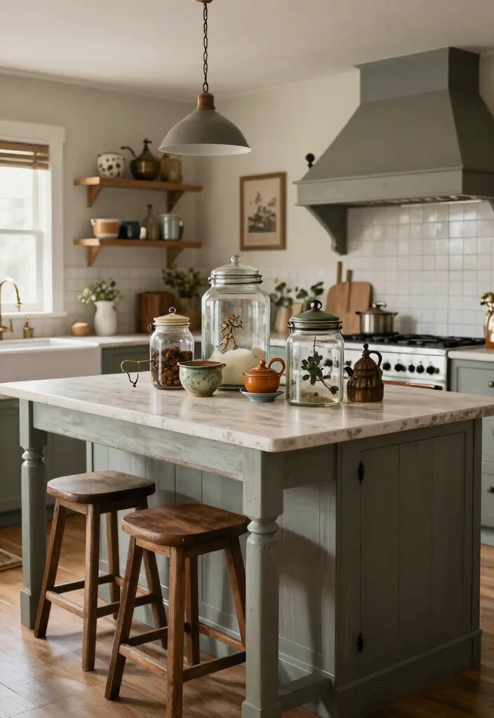 22 Kitchen Island Decor Ideas That Exude Modern Farmhouse Charm! - 15. Whimsical Vintage Finds
