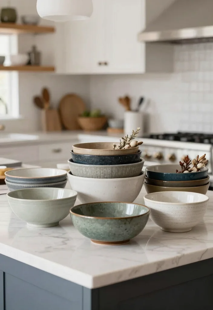 22 Kitchen Island Decor Ideas That Exude Modern Farmhouse Charm! - 16. Beautifully Stacked Bowls