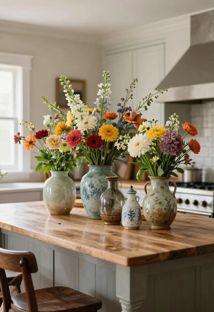 22 Kitchen Island Decor Ideas That Exude Modern Farmhouse Charm! - 18. Fresh Flowers in Vintage Vases