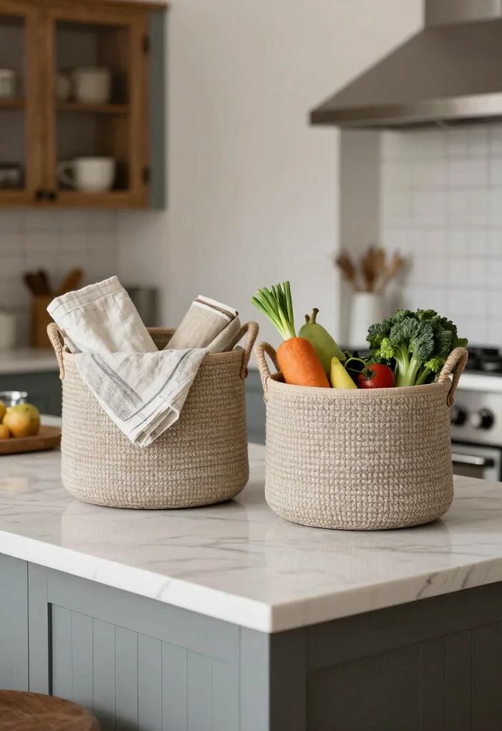 22 Kitchen Island Decor Ideas That Exude Modern Farmhouse Charm! - 19. Textured Baskets for Storage