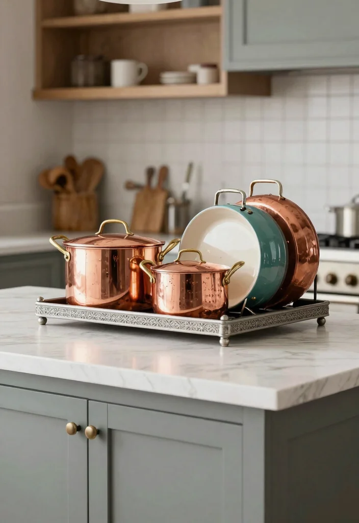 22 Kitchen Island Decor Ideas That Exude Modern Farmhouse Charm! - 22. Farmhouse-Inspired Cookware Display