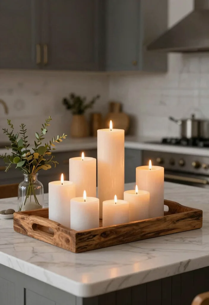 22 Kitchen Island Decor Ideas That Exude Modern Farmhouse Charm! - 5. Elegant Centerpiece with Candles