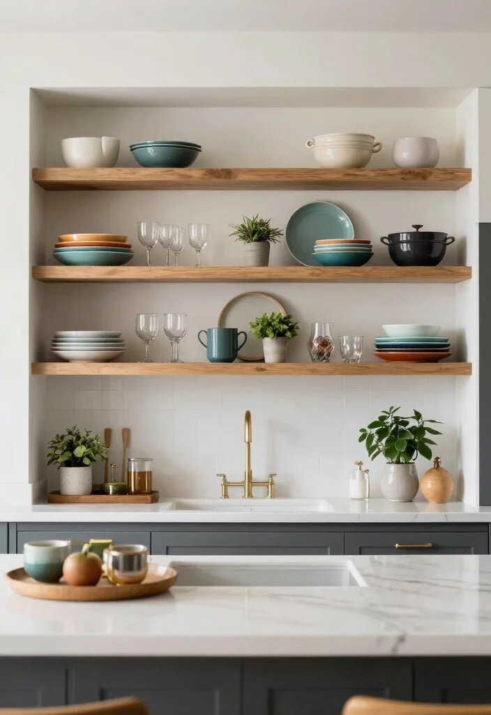 22 Kitchen Island Decor Ideas That Exude Modern Farmhouse Charm! - 6. Open Shelving with Decorative Items