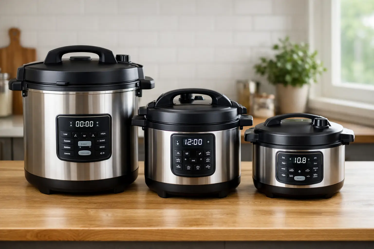 Best electric pressure canners comparison showing three digital models in different sizes on a kitchen countertop