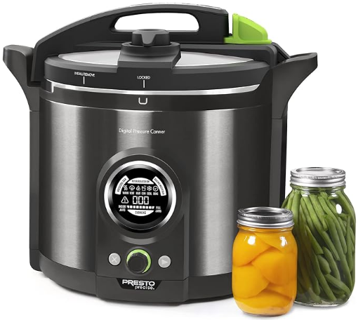 Presto 12-quart electric pressure canner showing stainless steel interior and lid